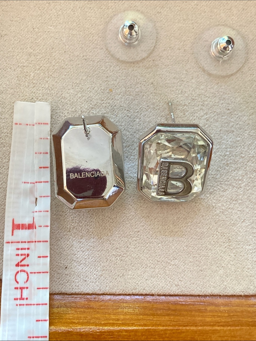 Balenciaga Silver 'B' Logo Octagon Stud Earrings - Picture 3 of 4